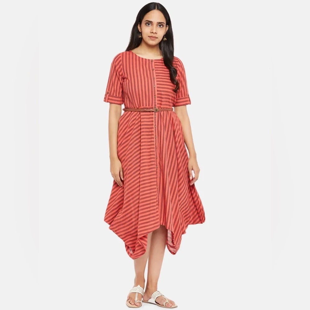 Akkriti Striped Midi Handkerchief Hem Dress in Coral Asymmetric M Lagenlook